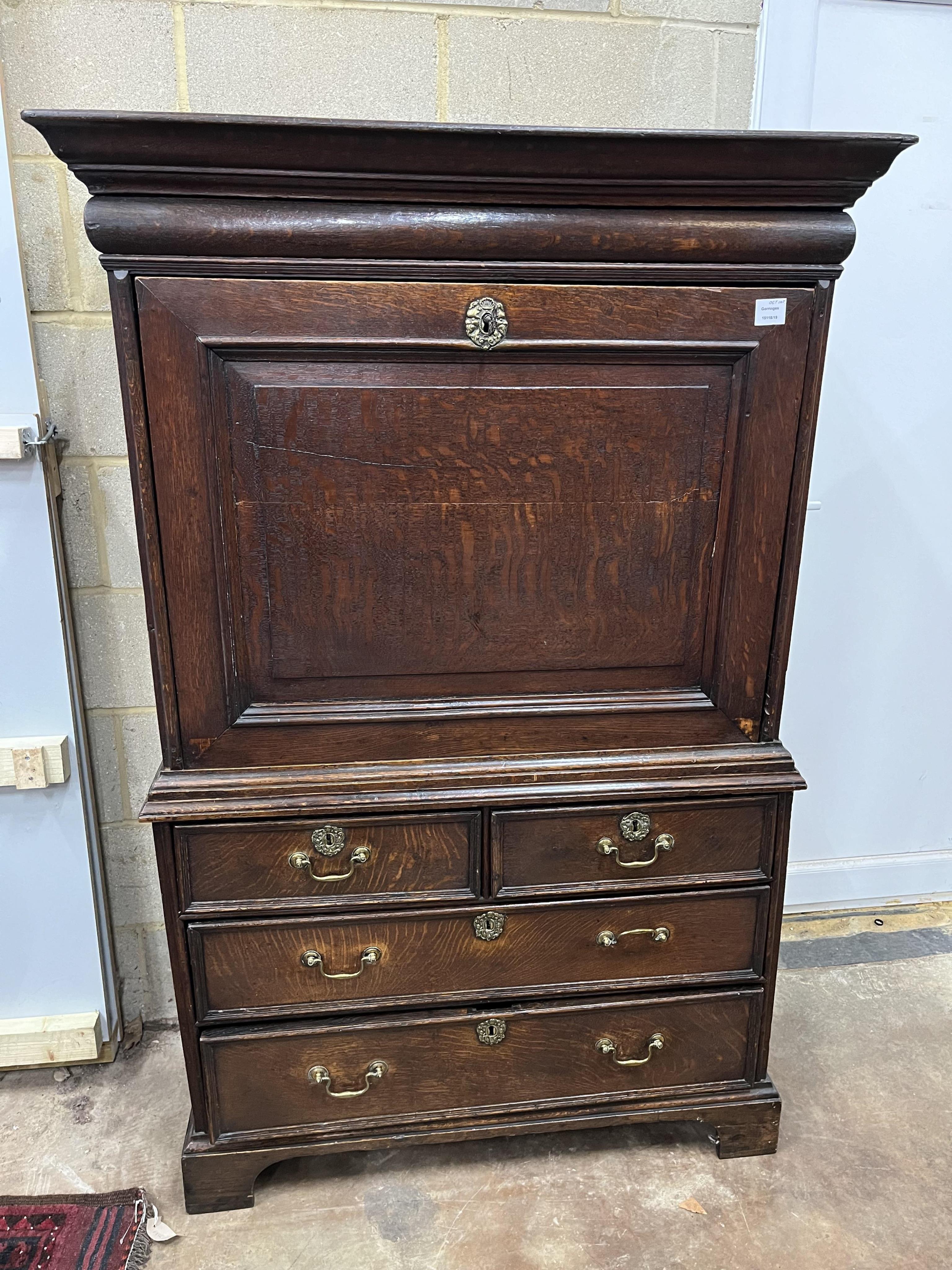 An 18th century oak fall front cabinet, width 103cm, depth 48cm, height 159cm. Condition - good